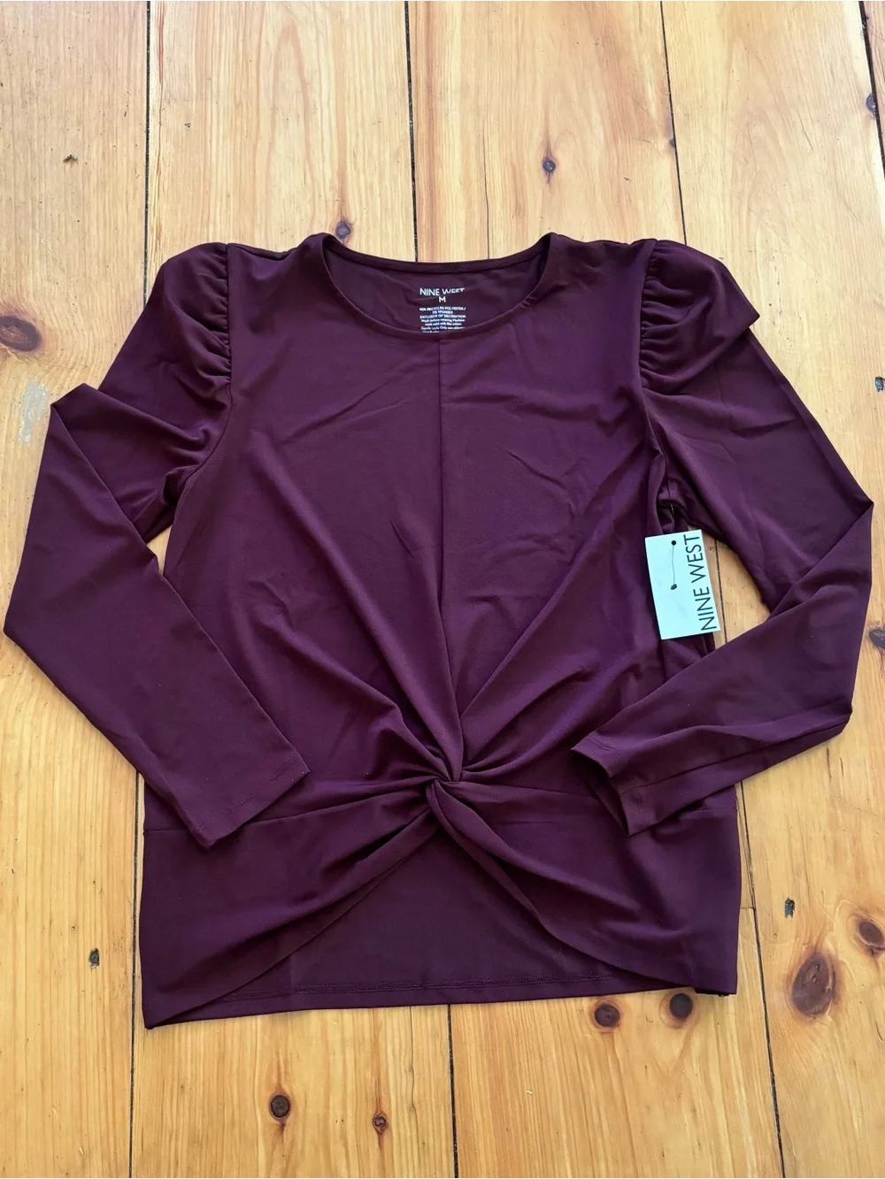 NWT Nine West Burgundy Twist Front Puff Sleeve Top Medium